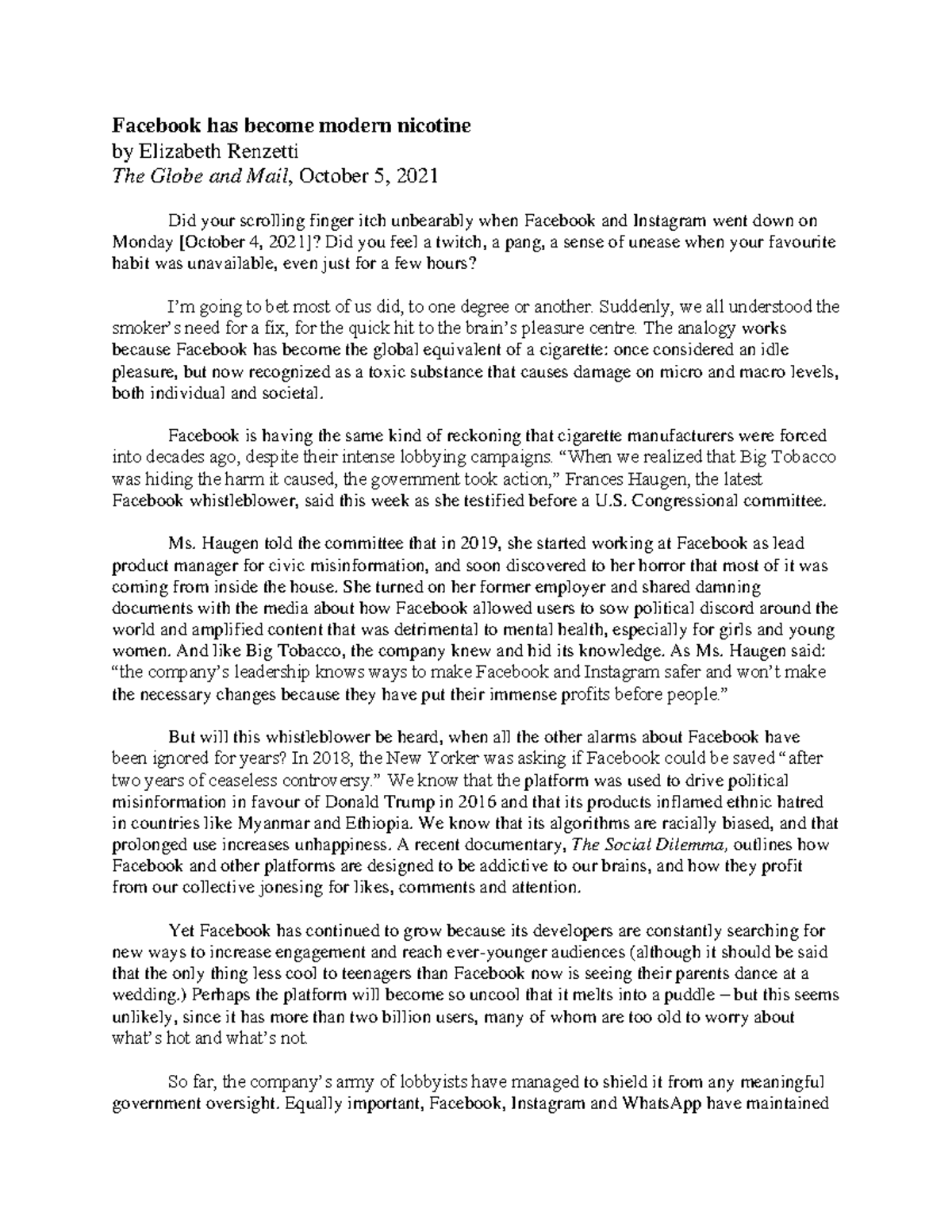 Assignment 2 - critical review essay prompt - Facebook has become ...