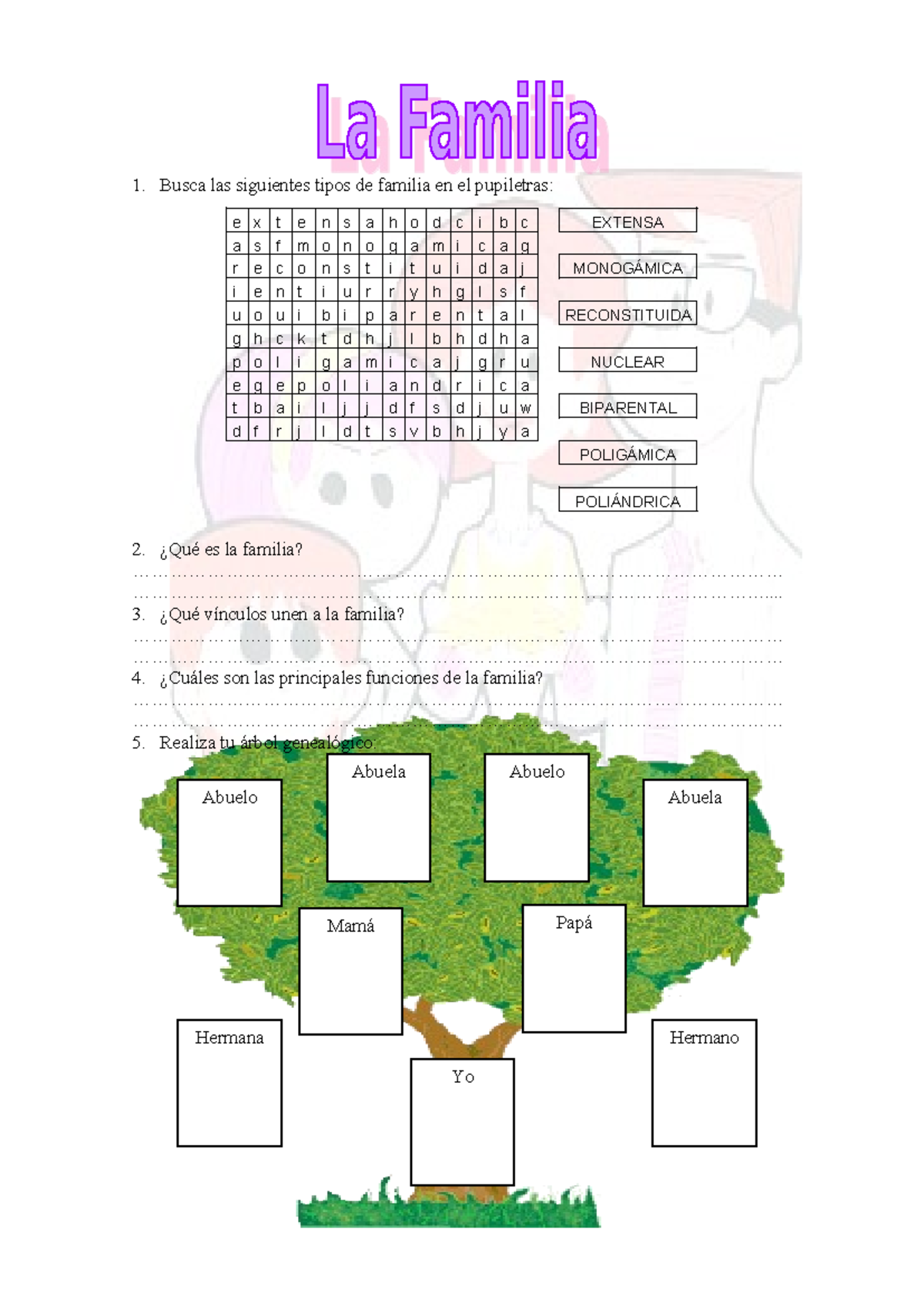 Act. A Familia - BREVE - 1. Busca las siguientes tipos de familia en el ...
