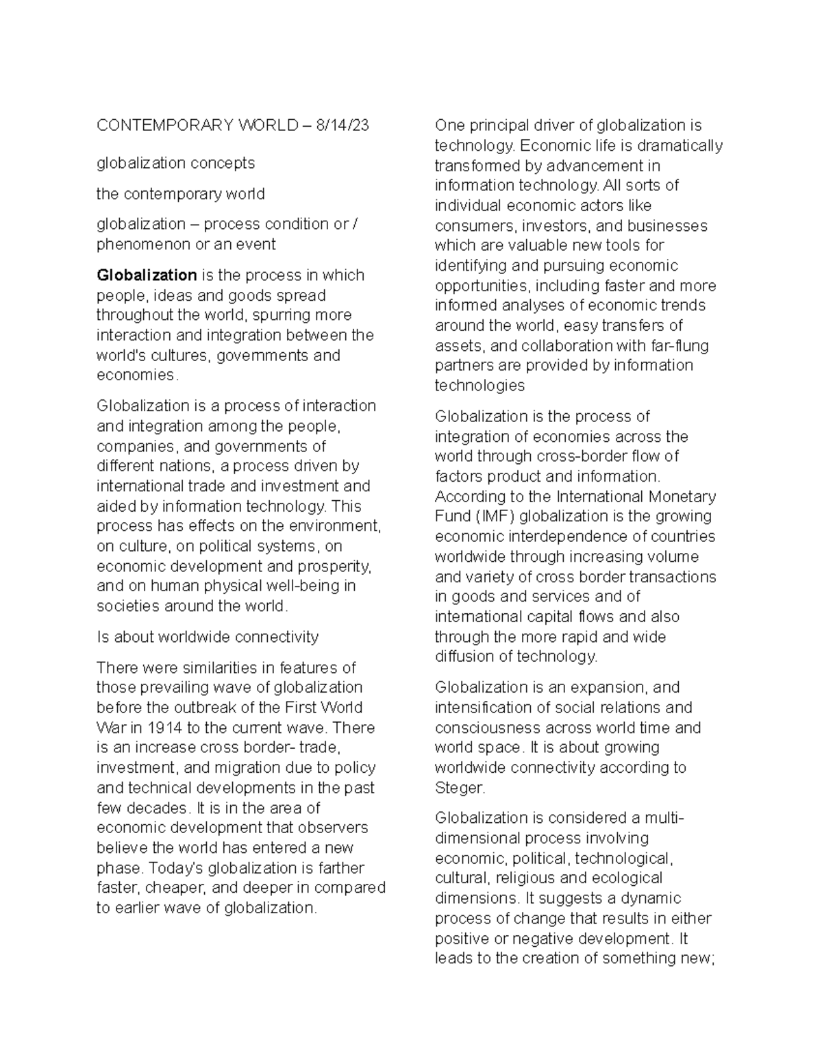 Topic 1 - contemporary world - CONTEMPORARY WORLD – 8/14/ globalization ...