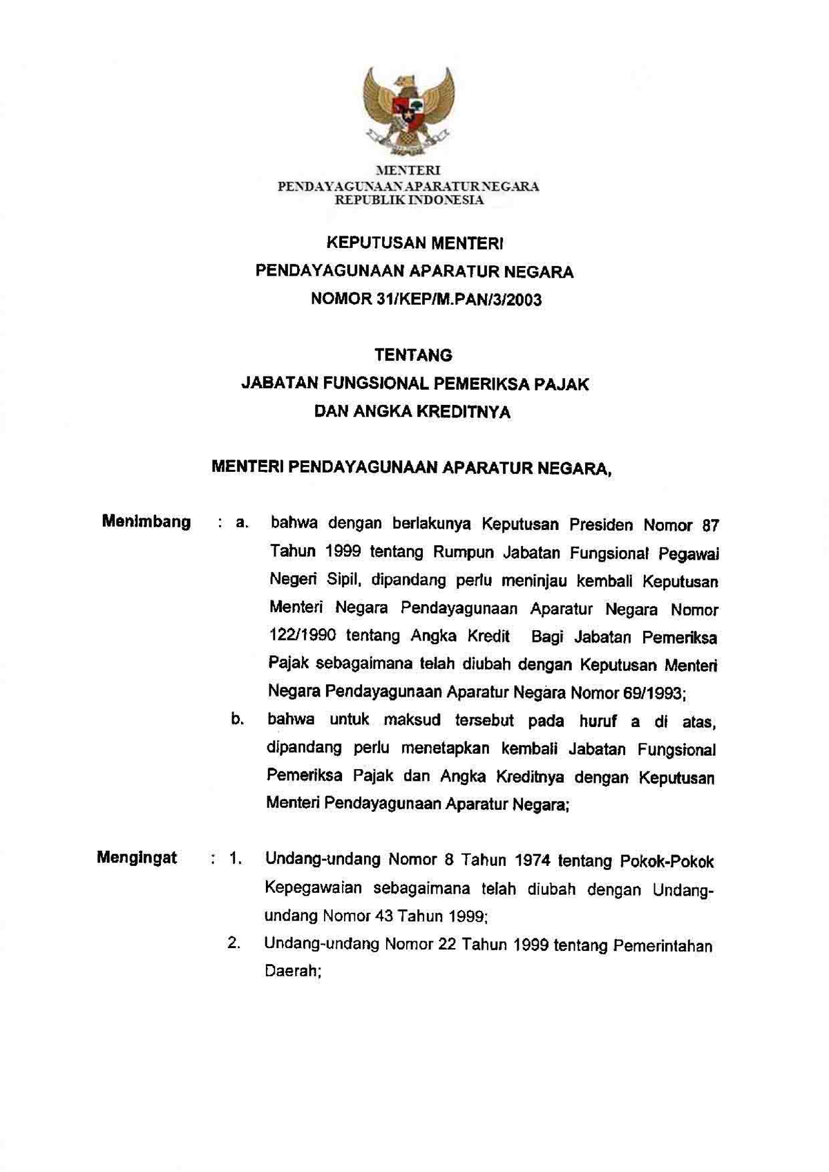 KEP Menteri PAN 31 2003 (Jabatan Fungsional Pemeriksa Pajak Dan Angka ...