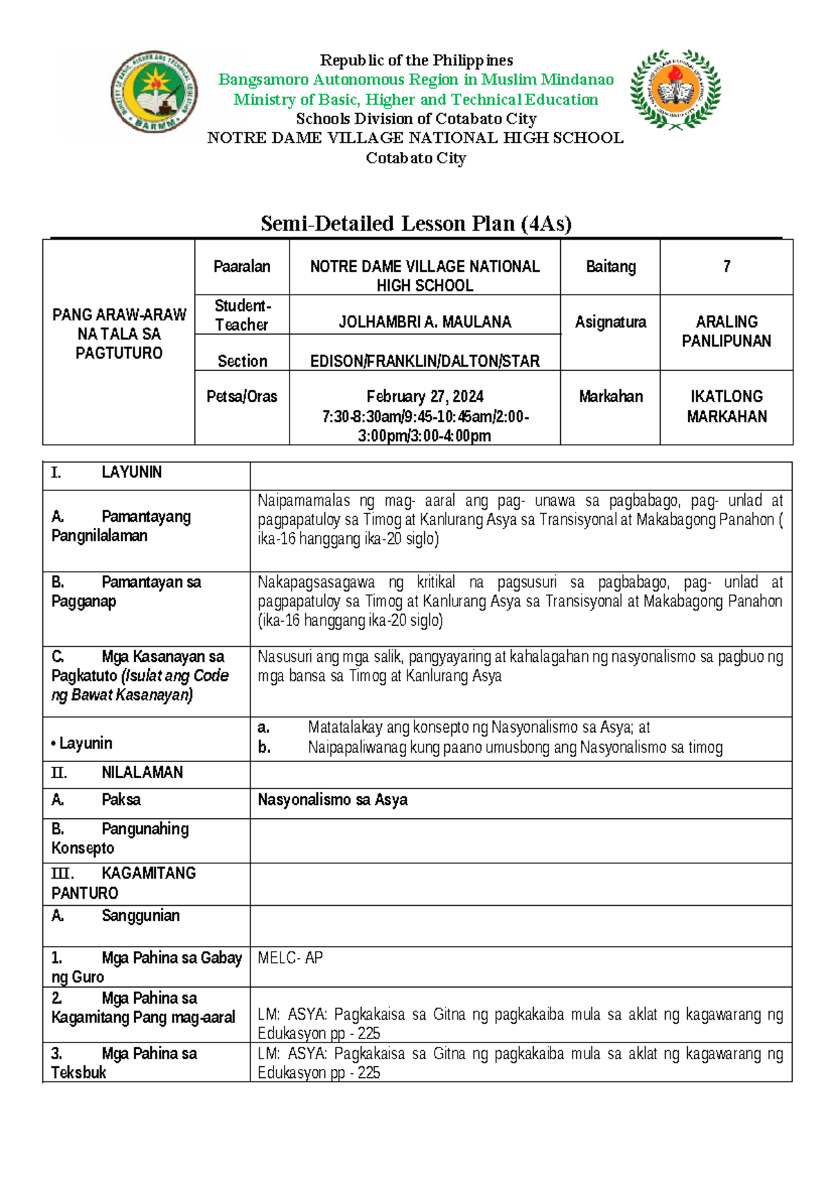 Lesson Plan Mawwals Republic Of The Philippines Bangsamoro Autonomous Region In Muslim