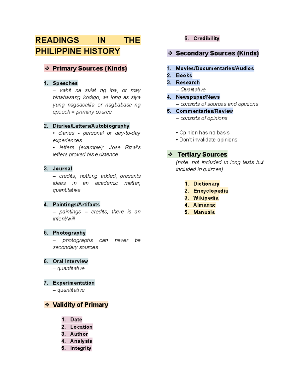 RPH Notes - READINGS IN THE PHILIPPINE HISTORY Primary Sources (Kinds ...