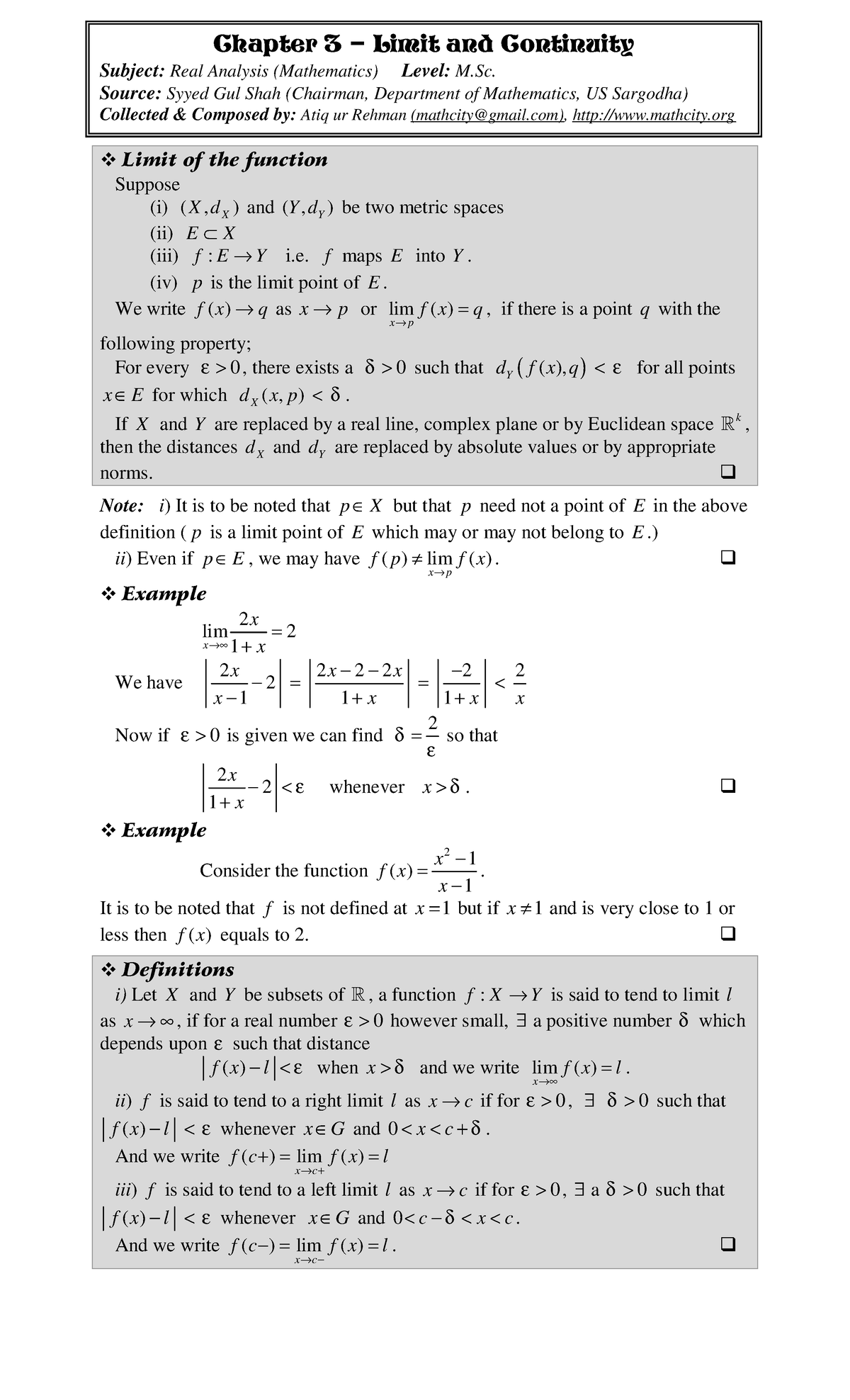 Chap 03 Real Analysis - Lectures - V Limit Of The Function Suppose (i ...