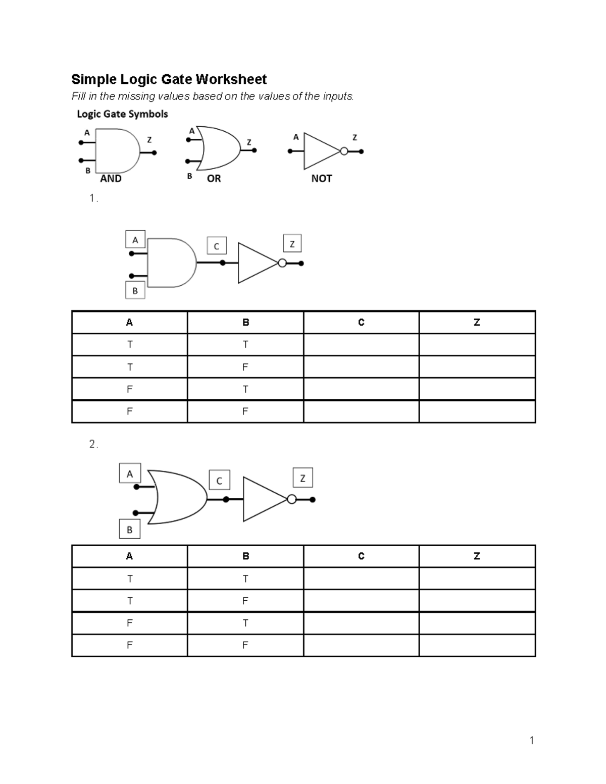 Logic Gates Worksheet - 1 Simple Logic Gate Worksheet Fill In The ...