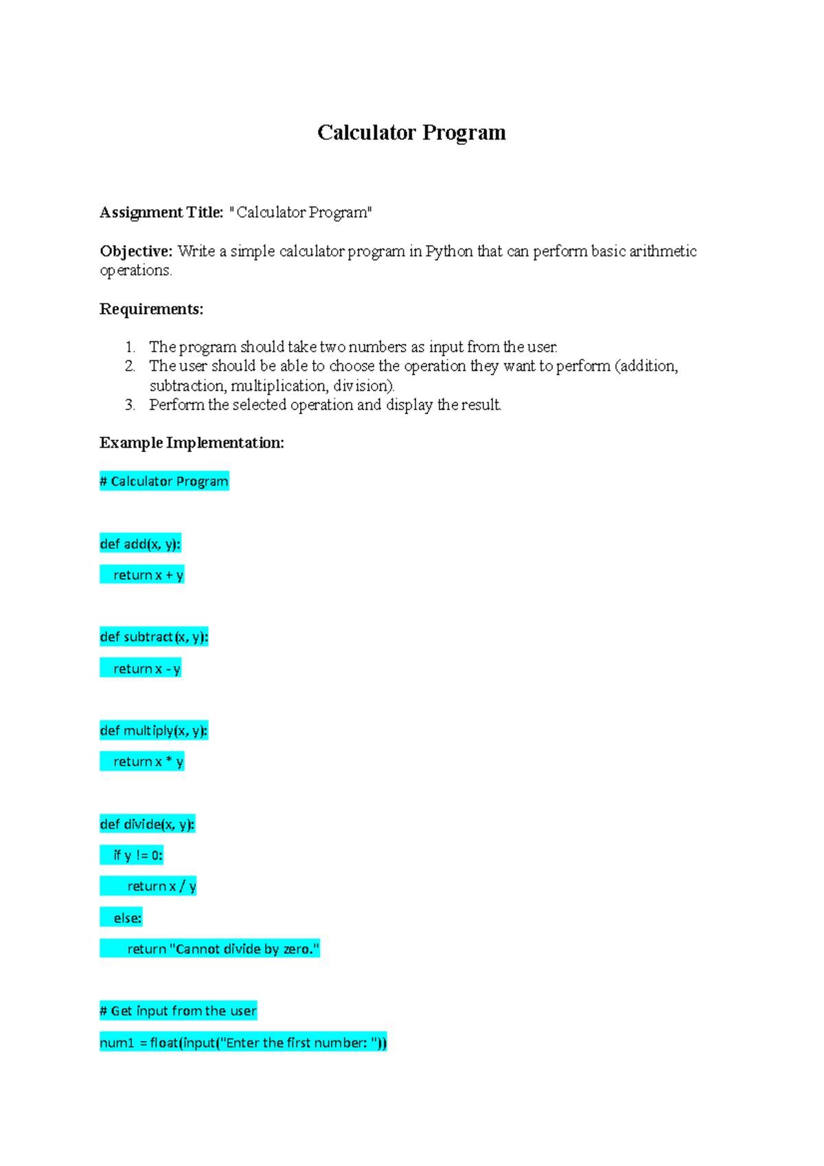 Calculator Program - Calculator Program Assignment Title: 