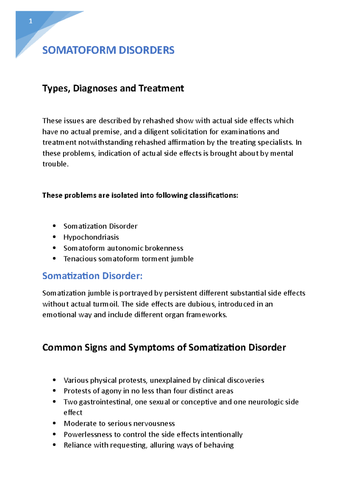 Somatoform Disorders - SOMATOFORM DISORDERS Types, Diagnoses and ...