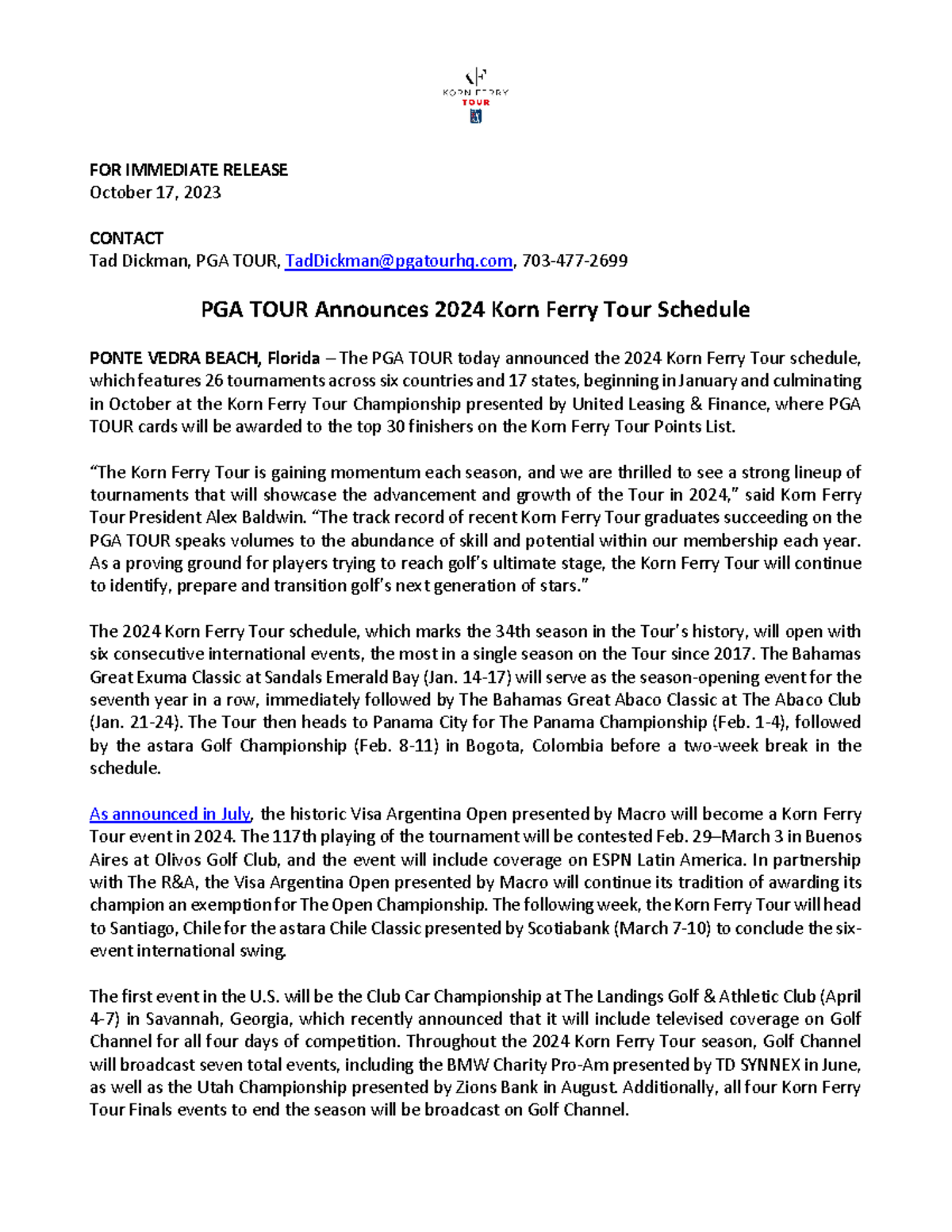 PGA TOUR Announces 2024 Korn Ferry Tour Schedule Administración