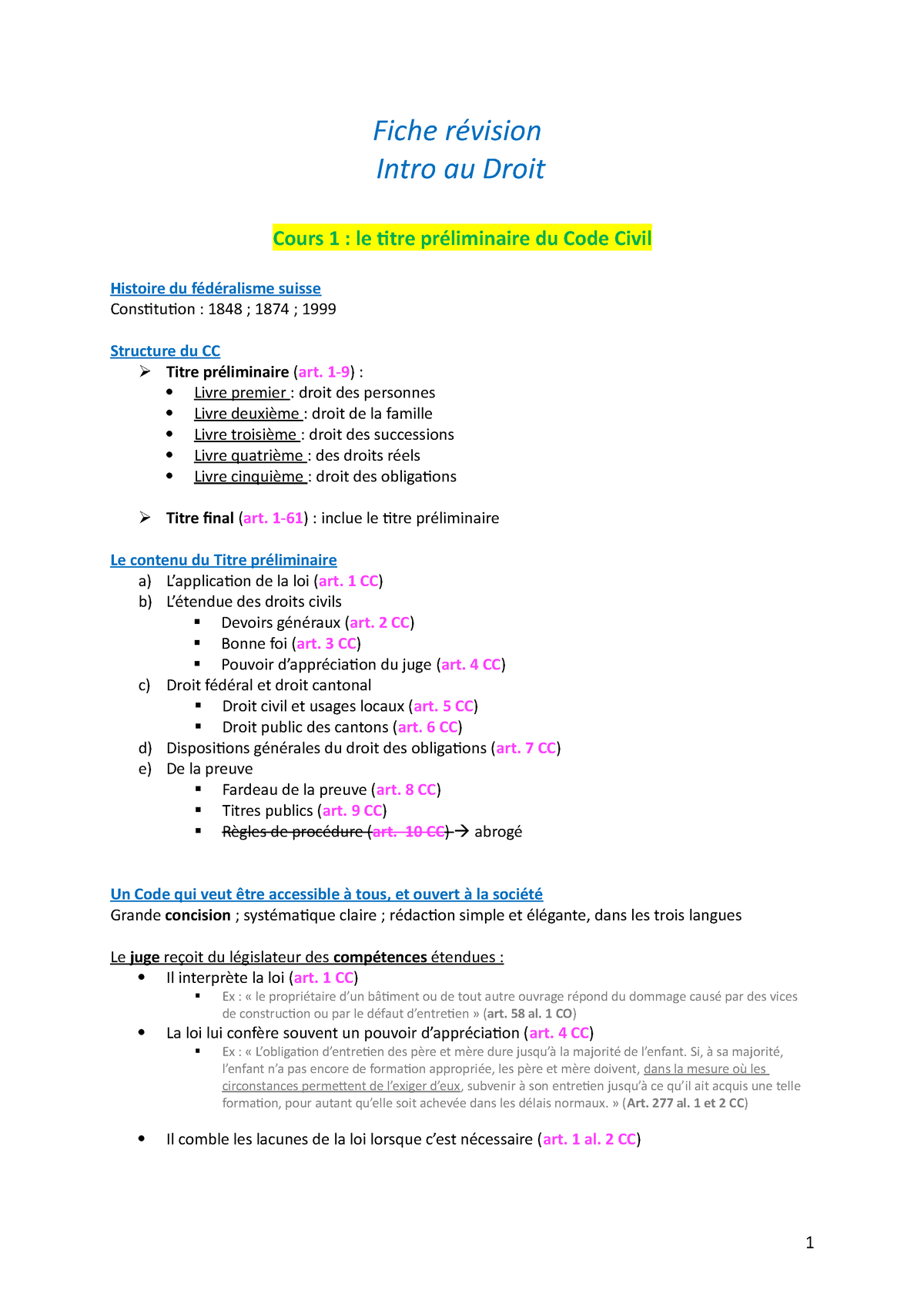 Fiche Révision - Intro Au Droit - Fiche Révision Intro Au Droit Cours 1 : Le Titre Préliminaire ...