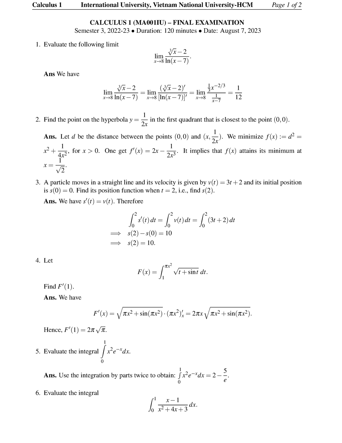 Cal1 S3 Final August 7 2023 with Answers - Calculus 1 International ...