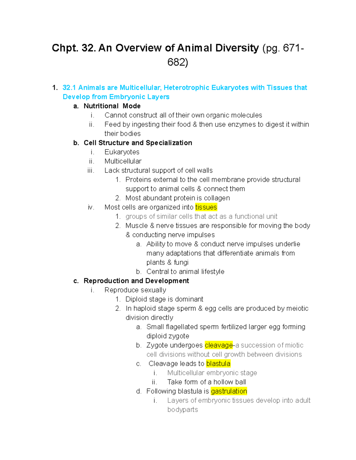 BIO 115 Chpt. 32 Note - Chapter Notes - Chpt. 32. An Overview Of Animal ...