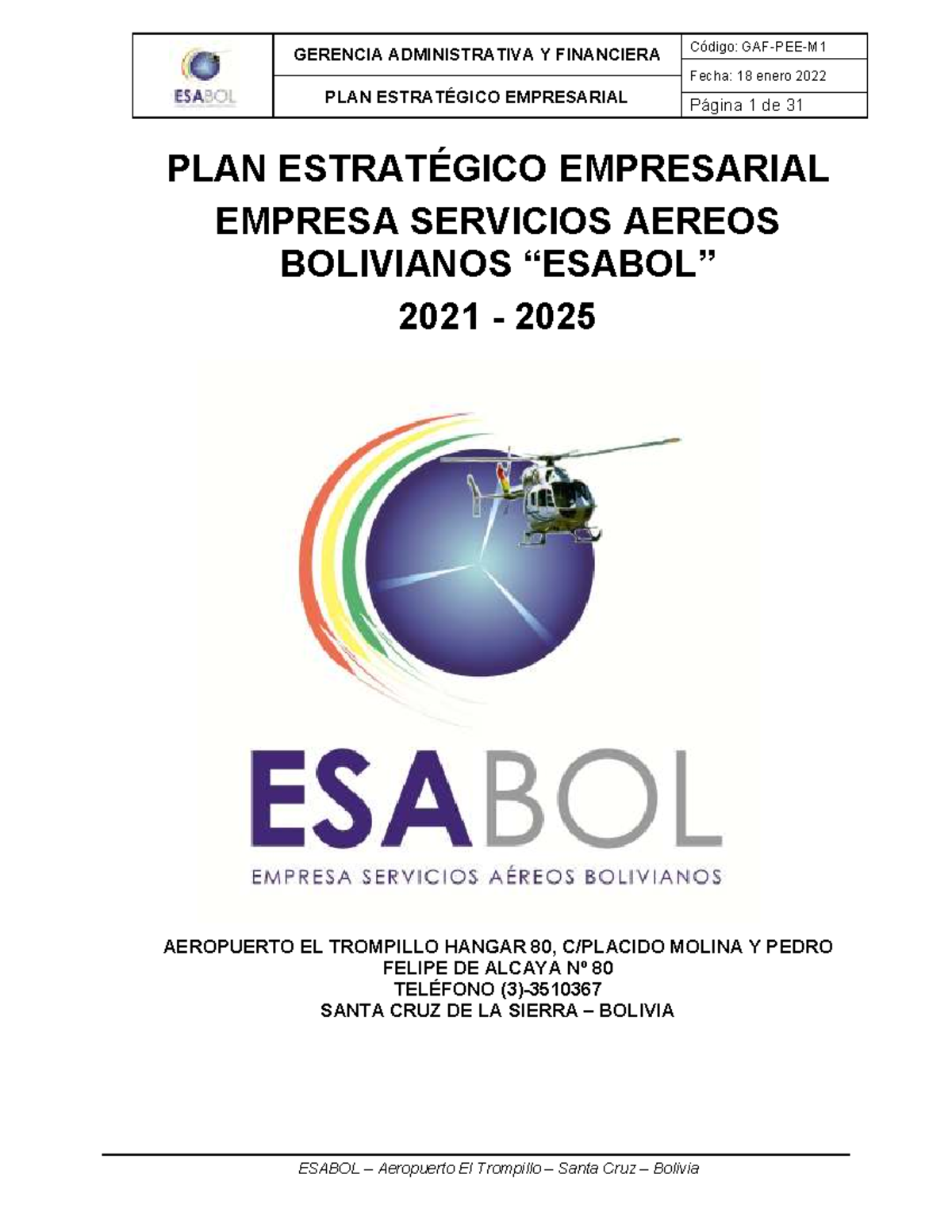 Plan Estrategico - Datos de ESABOL - Fecha: 18 enero 2022 PLAN ...