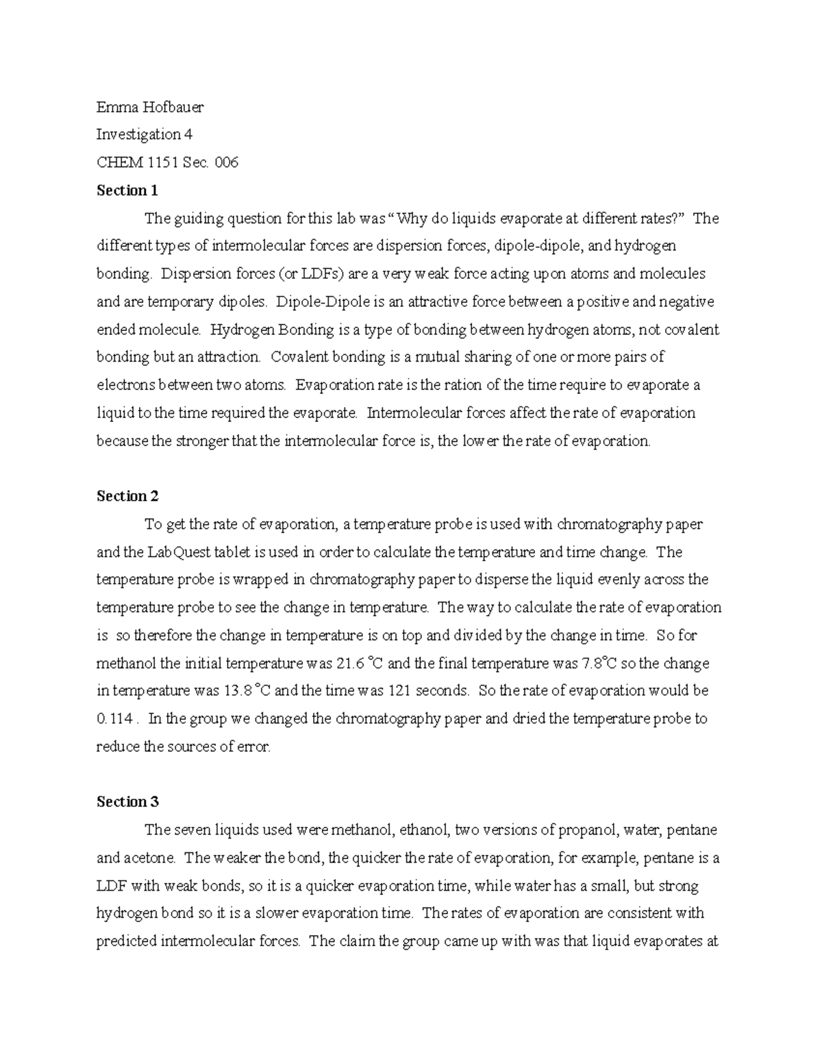 Lab Report Investigation 4 - Emma Hofbauer Investigation 4 CHEM 1151 ...