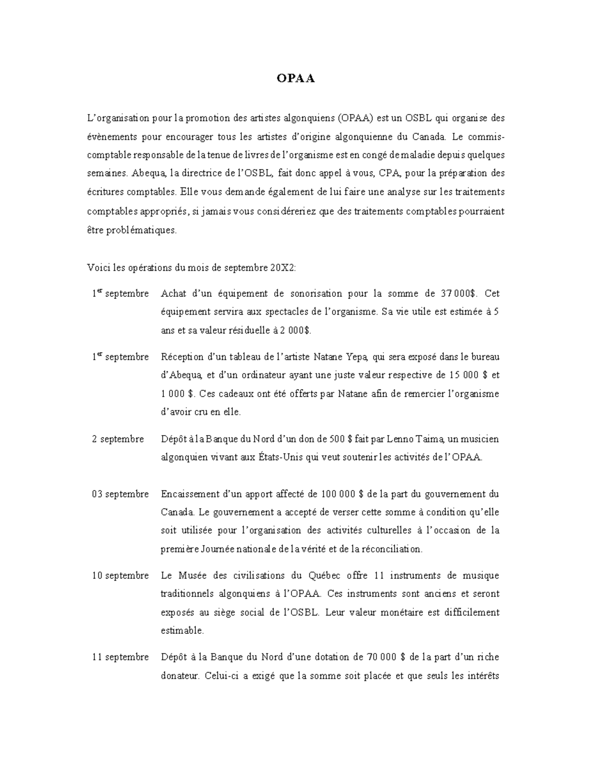 Cas #1 OSBL Final - Énoncé Mini-cas OSBL - OPAA L’organisation Pour La ...