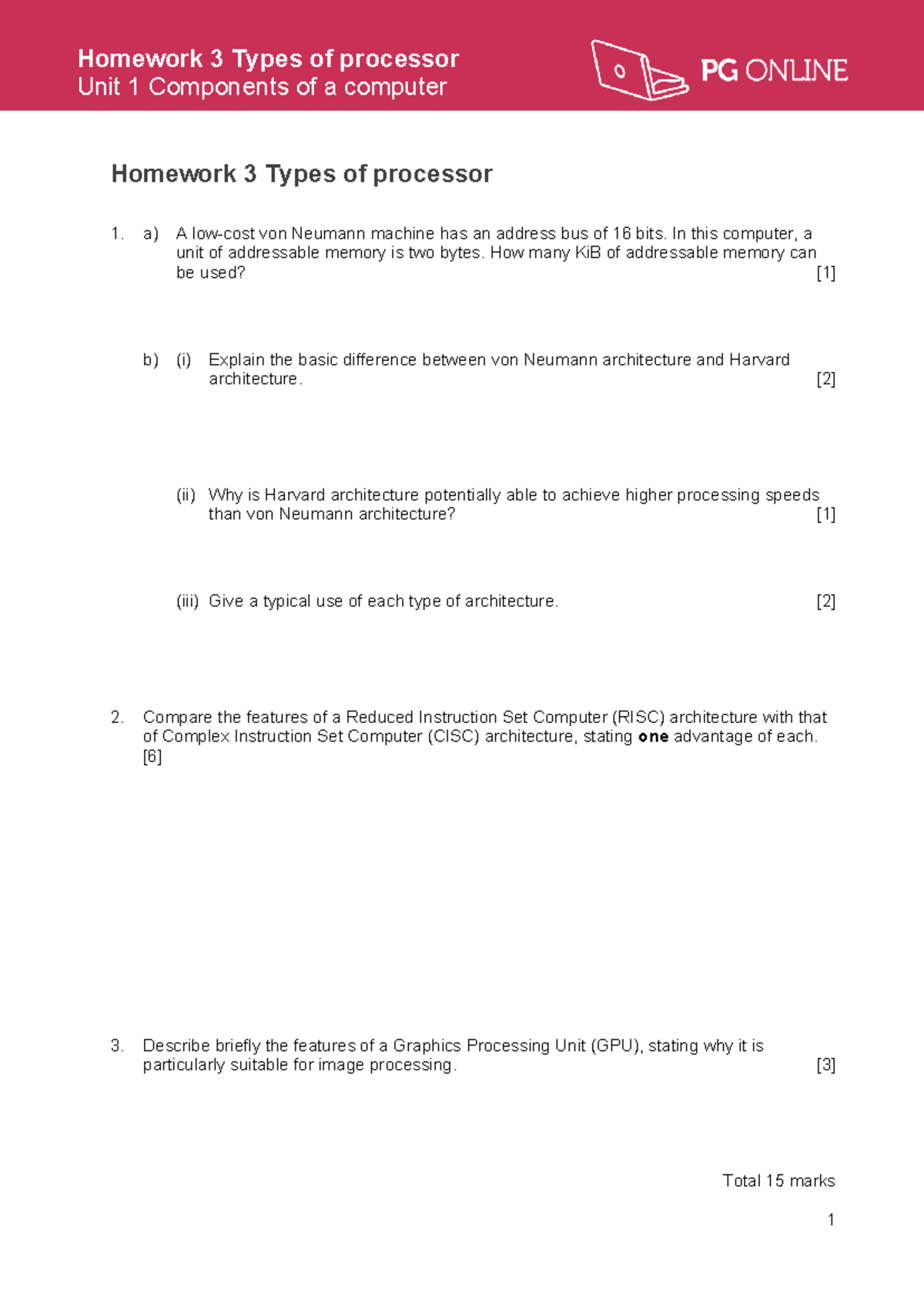 Homework 3 - eeee - Homework 3 Types of processor Unit 1 Components of ...