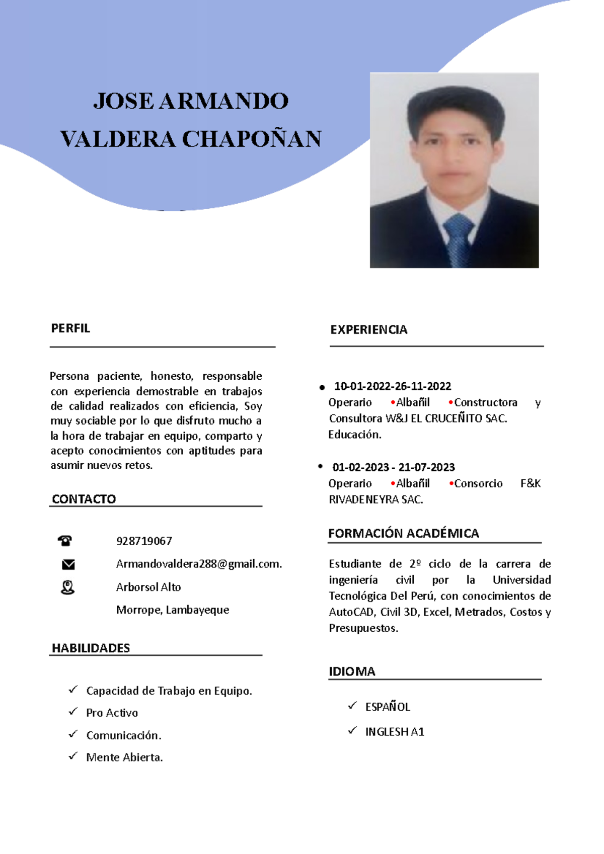 Currículum Vitae Armando Valdera Persona paciente, honesto