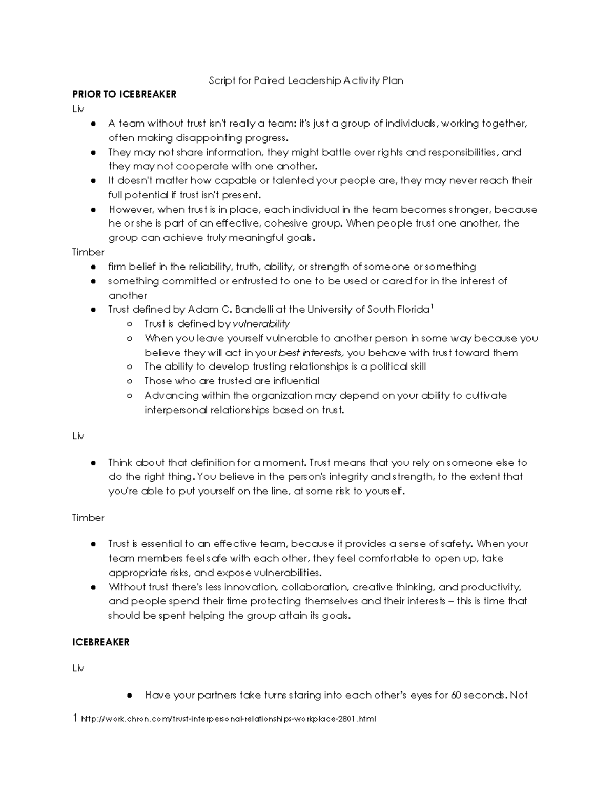 Script for Leadership Activity - Script for Paired Leadership Activity ...