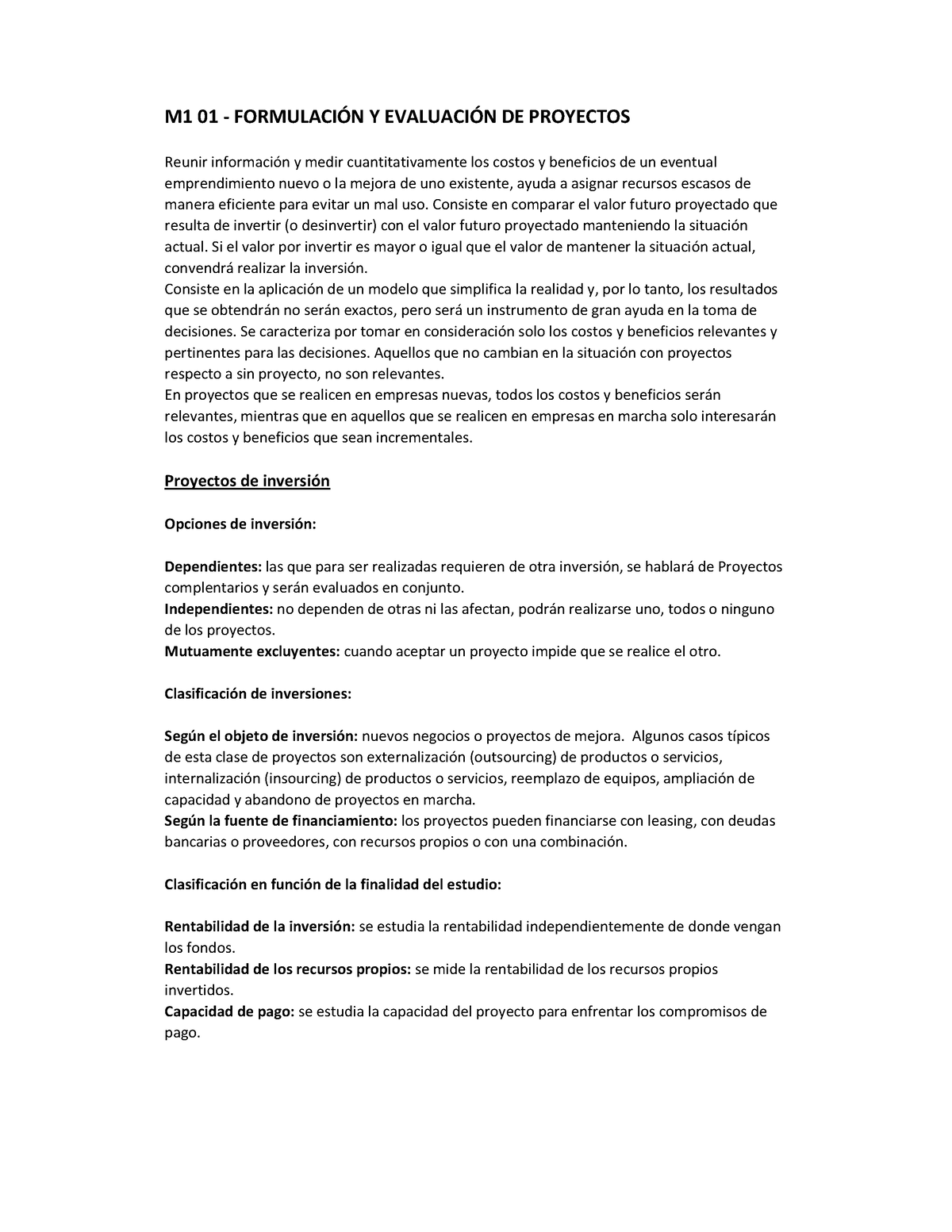 Formulación Y Evaluación De Proyectos - M1 Resumen - M1 01 ...