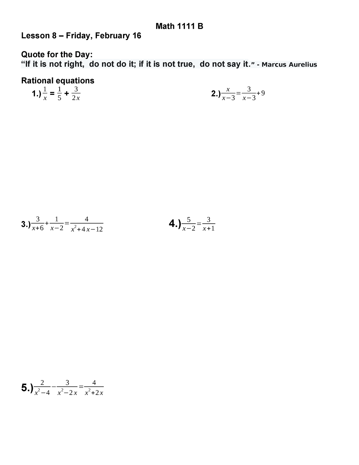 Lesson 8 - Math 1111 B Lesson 8 – Friday, February 16 Quote for the Day ...