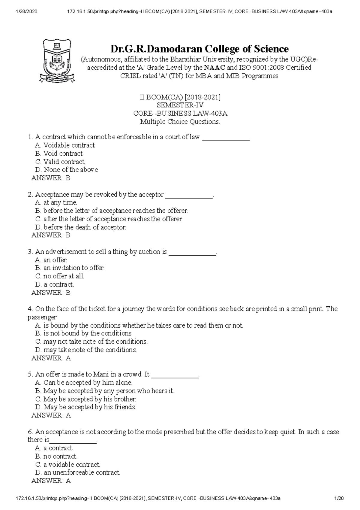 Business LAW-MCQ - Dr.G.R College of Science (Autonomous, affiliated to ...