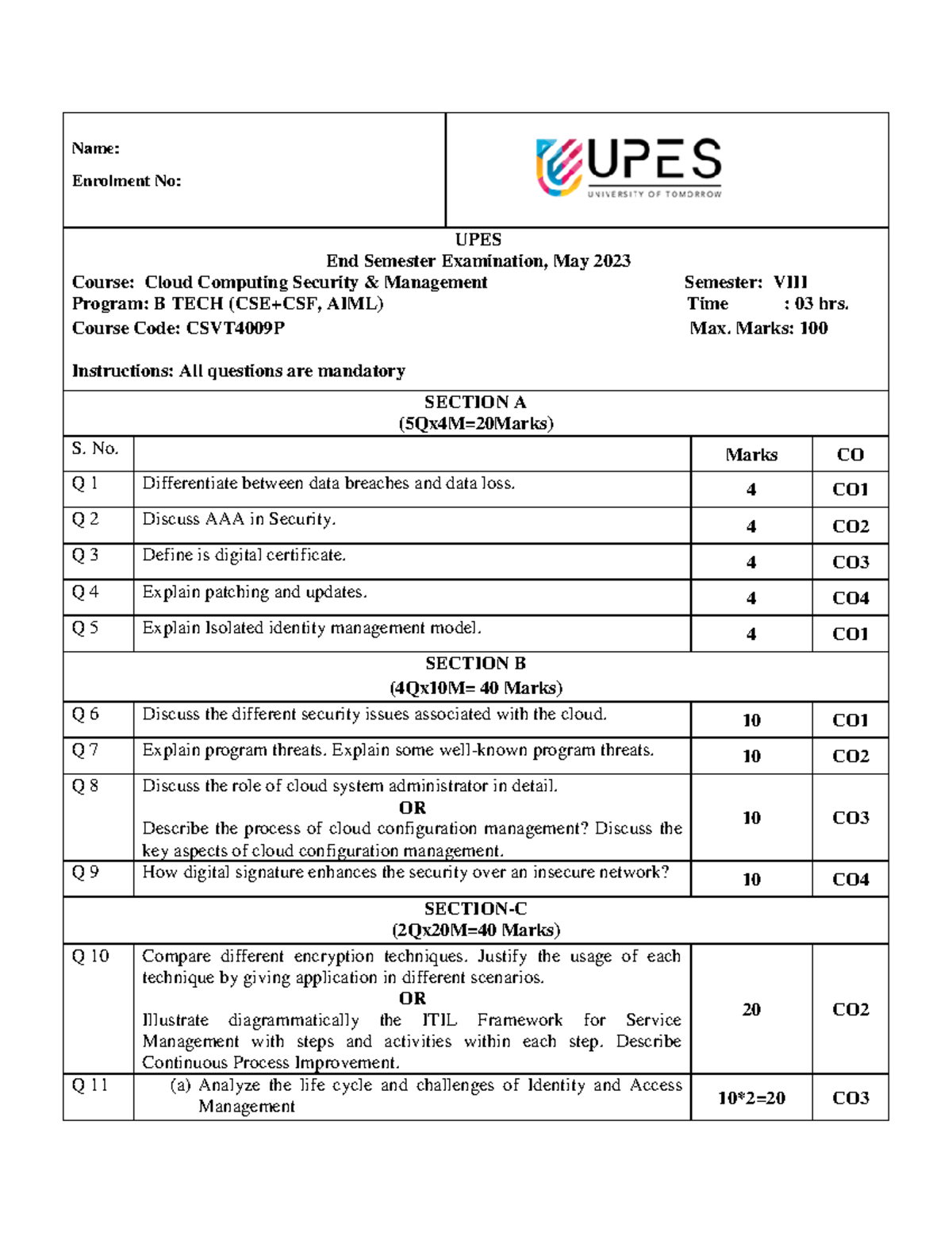 SET-01 SOCS ESE-MAY23 B.Tech (CSE)+All Spec. VIII CSVT4009P Cloud ...