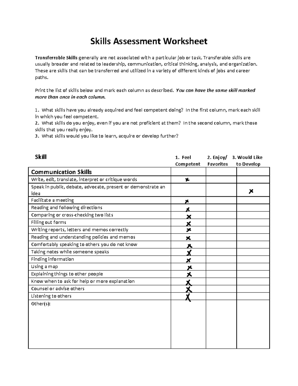 Skills inventory worksheet - Skills Assessment Worksheet Transferrable  Skills generally are not - Studocu