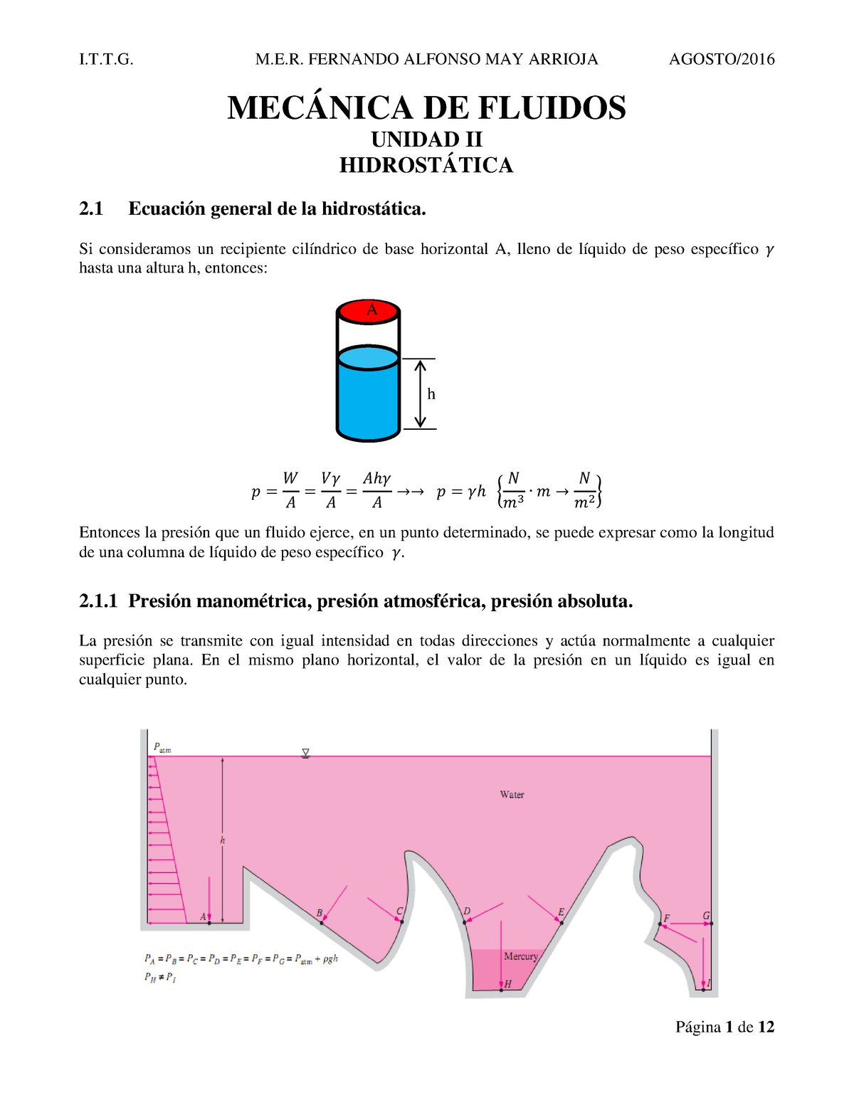 Mecanica De Fluidos U Ii MecÁnica De Fluidos Unidad Ii HidrostÁtica 2 Ecuación General De La 3111