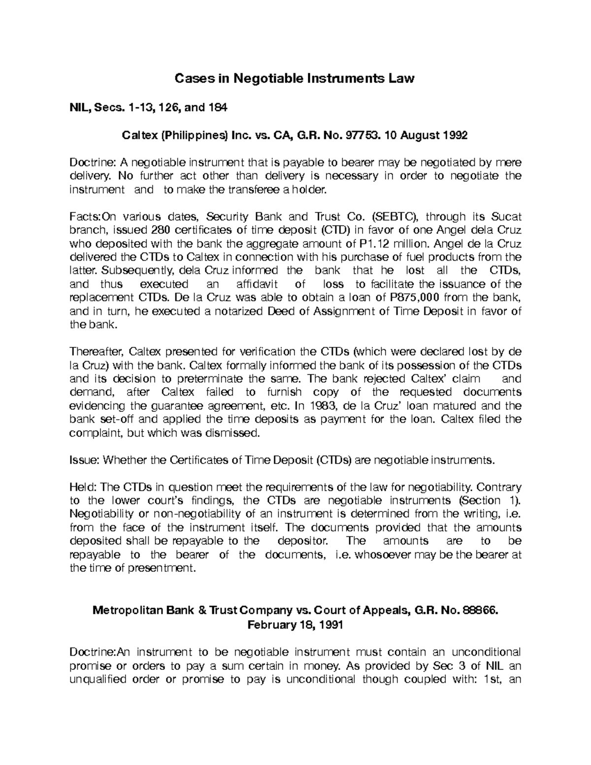 Cases in Negotiable Instruments Law - 1-13, 126, and 184 Caltex ...