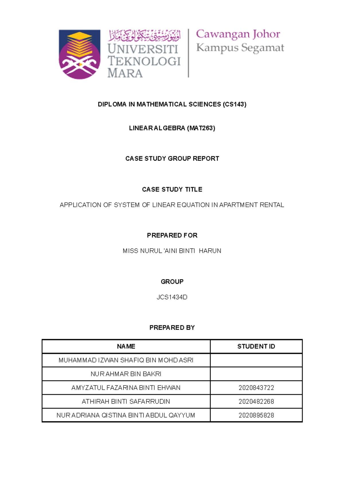 MAT263 Group Report contoh assignment algebra DIPLOMA IN