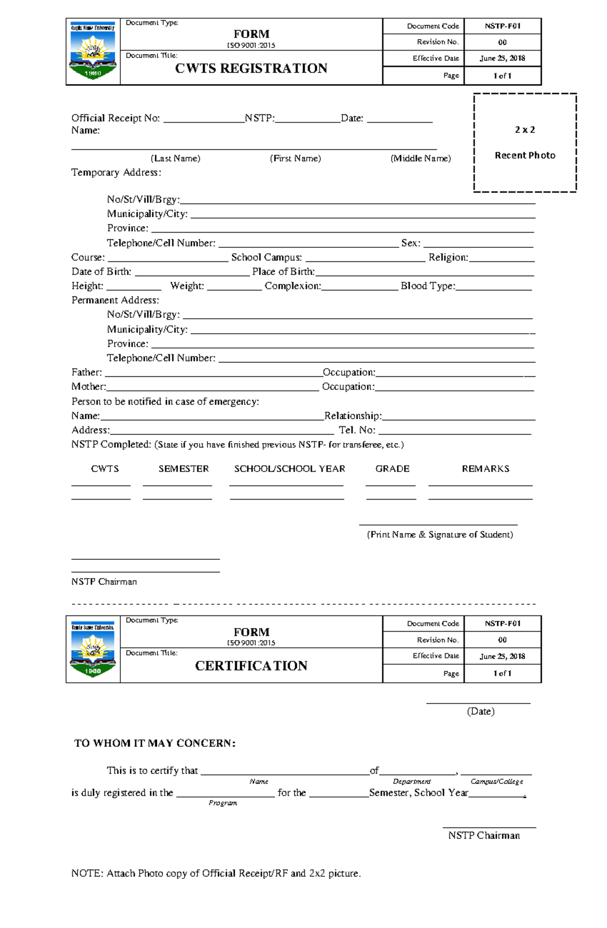 Nstp Cwts Form Na Document Type Form Iso 9001 Document Code