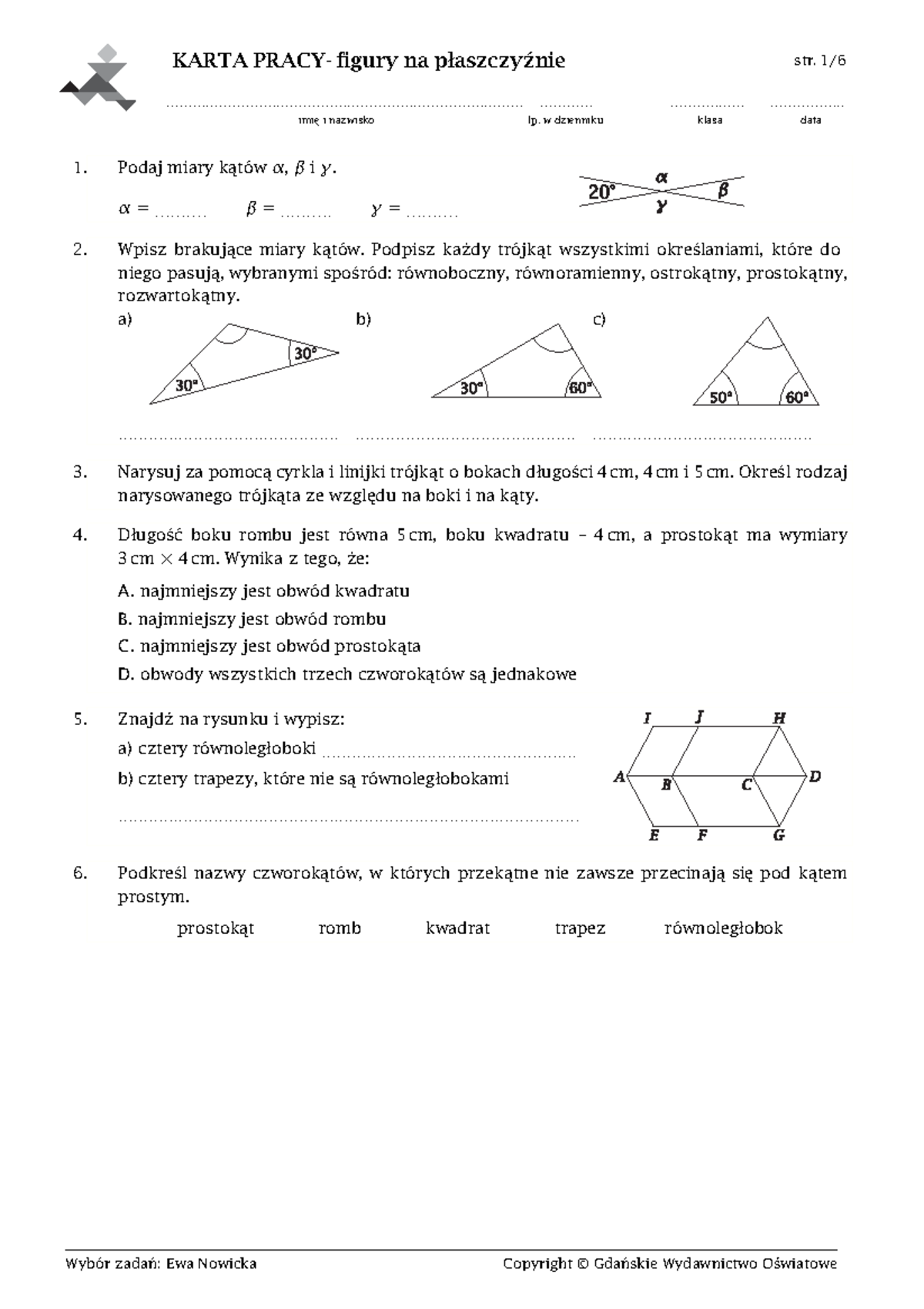 Karta pracy Figury Geometryczne - KARTA PRACY- figury na płaszczyźnie ...