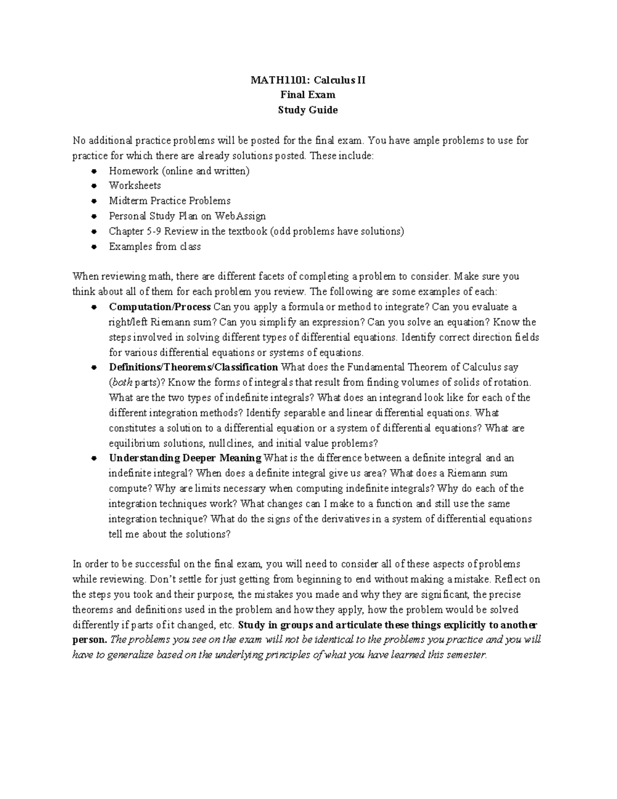 Final Review Guide Math1101 Calculus Ii Final Exam Study Guide No Final Review Guide Math1101 Calculus Ii Final Exam Study Guide No