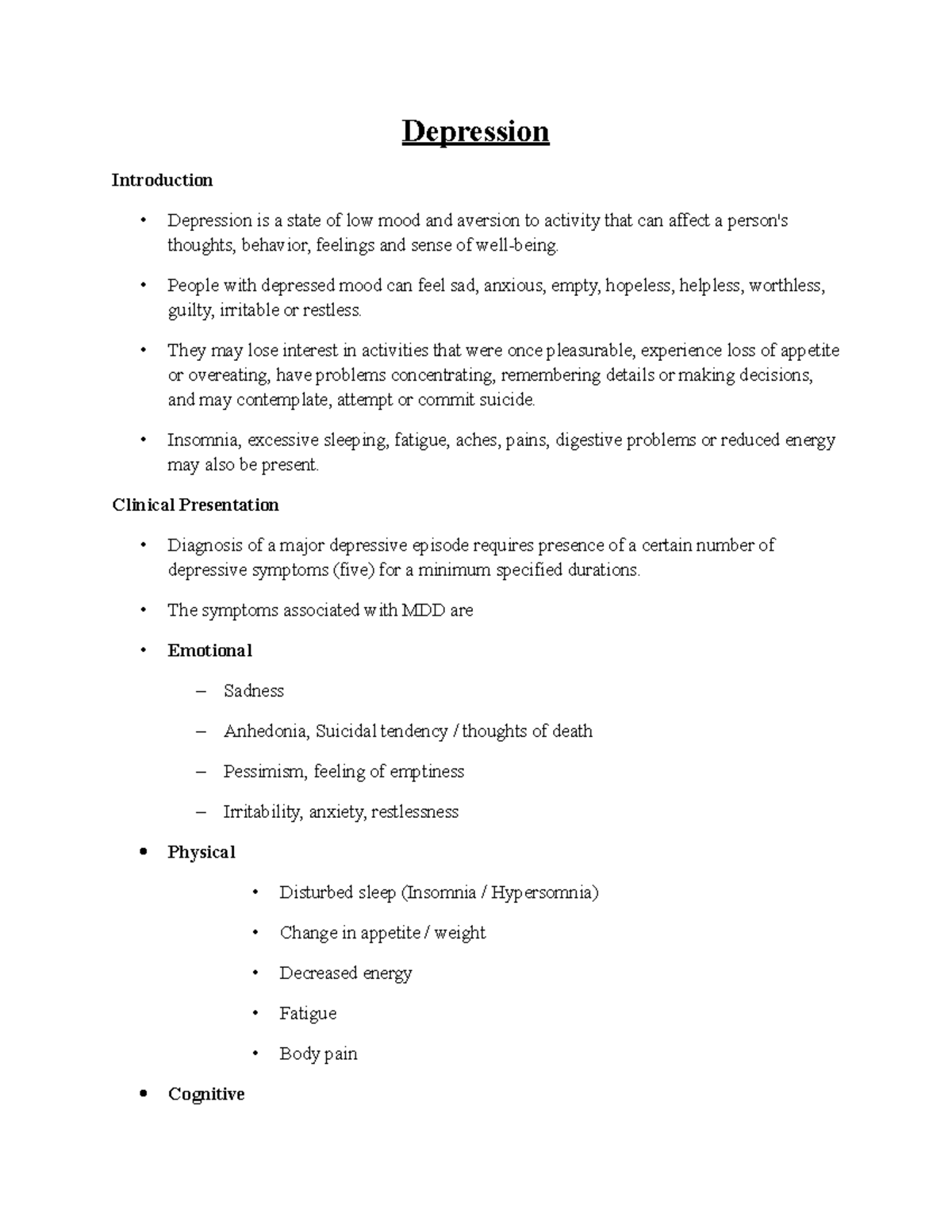Depression - its lecture notes - Depression Introduction Depression is ...