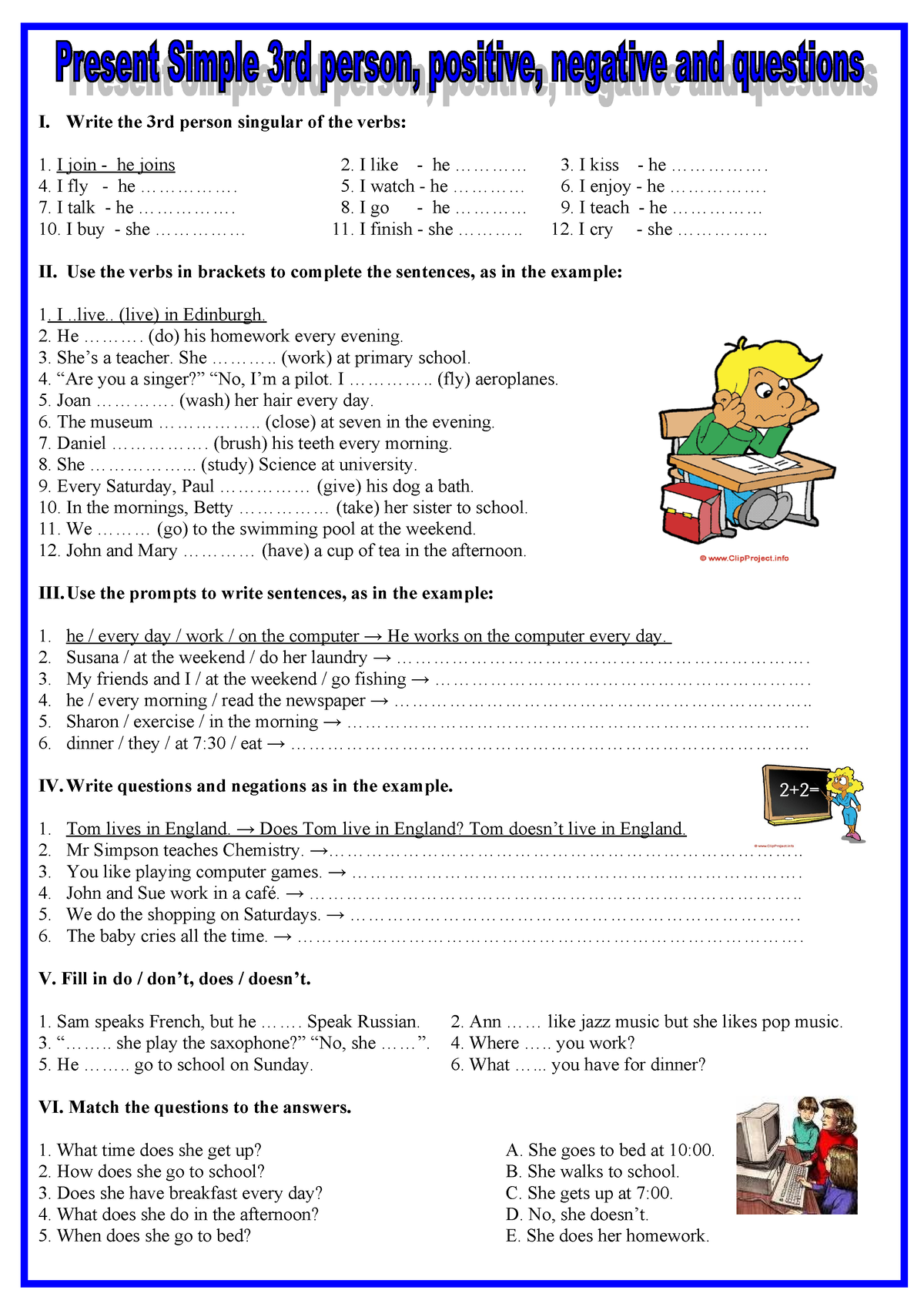 10 Inglés Repaso Present Simple 3rd person - I. Write the 3rd person ...