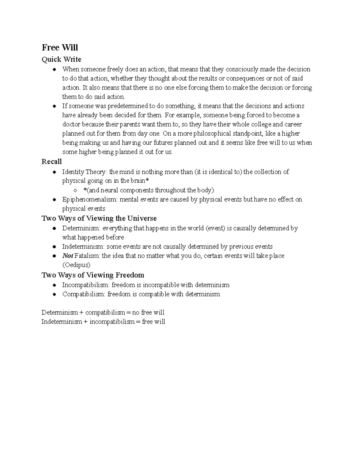 Week 9/10 - Free Will, Determinism, Indeterminism - Free Will Quick ...