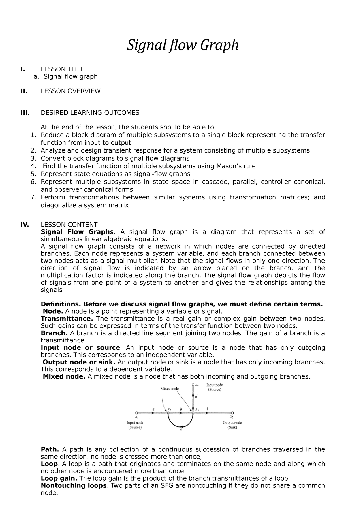 Module 3-Signal Flow Graph - Signal Flow Graph I. LESSON TITLE A ...