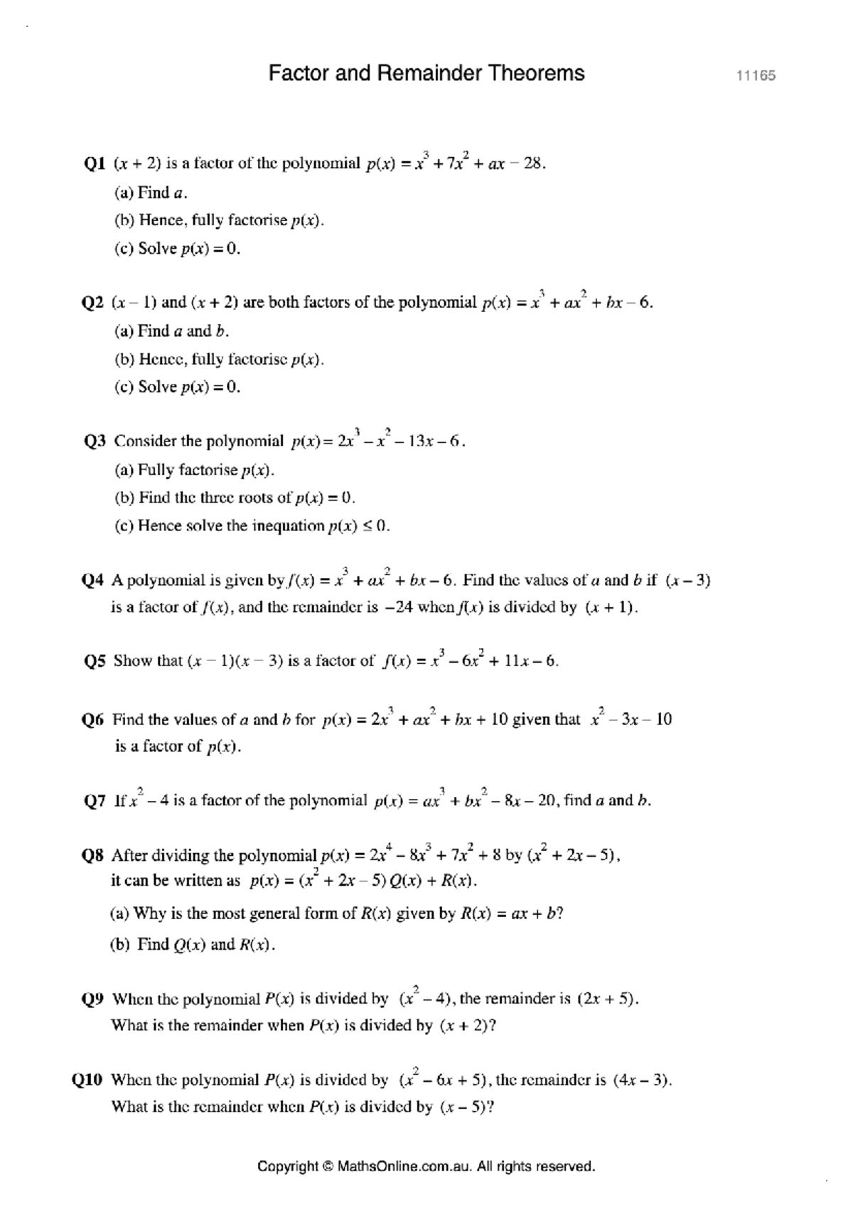 Factor and Remainder Theorems (Year 11 Extension 1) - Factor and ...