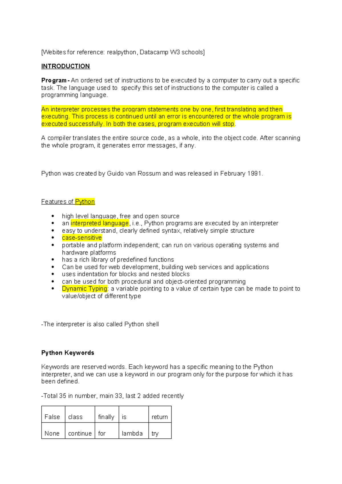 Python Notes - [Webites for reference: realpython, Datacamp W3 schools ...
