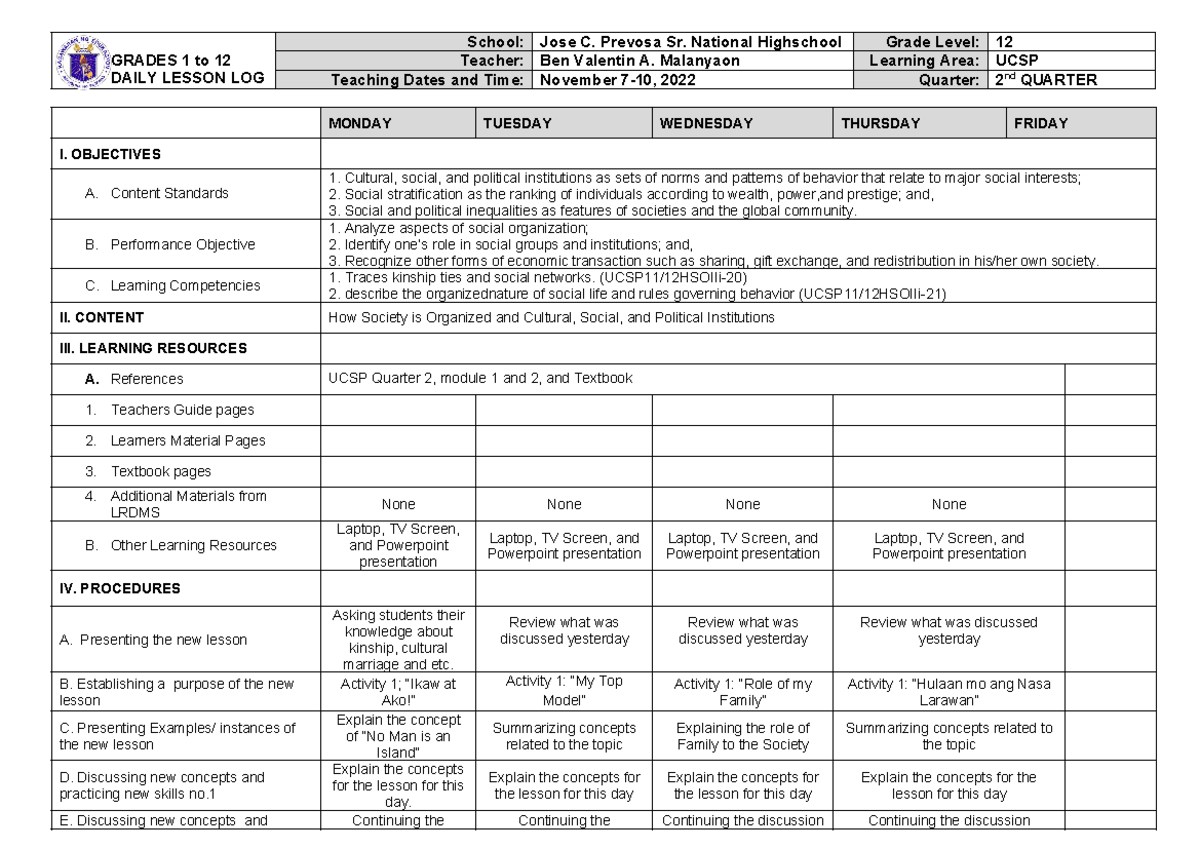 Scribd - NOTES - GRADES 1 to 12 DAILY LESSON LOG School: Jose C ...