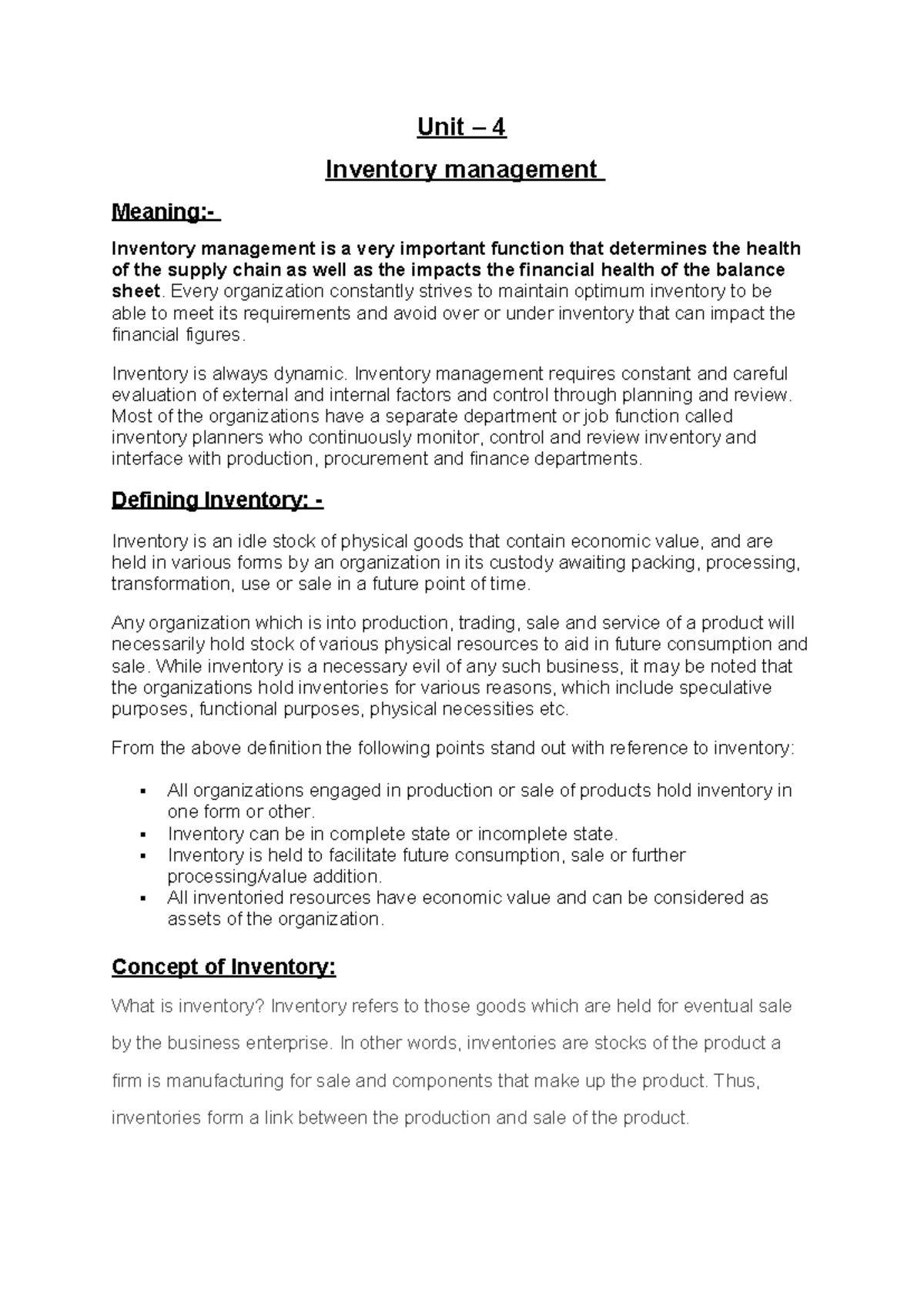 PRO- 4-5 Inventory mgt - notes - Unit – 4 Inventory management Meaning ...