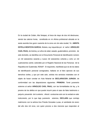 ACTA Notarial Declaracion J. Carencia DE Bienes - En la ciudad de Cobán,  Alta Verapaz, el trece de - Studocu