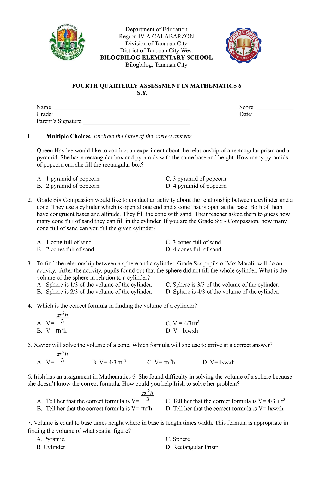 Periodical Test MATH 6 - 4th Quarter V2 - Department Of Education ...