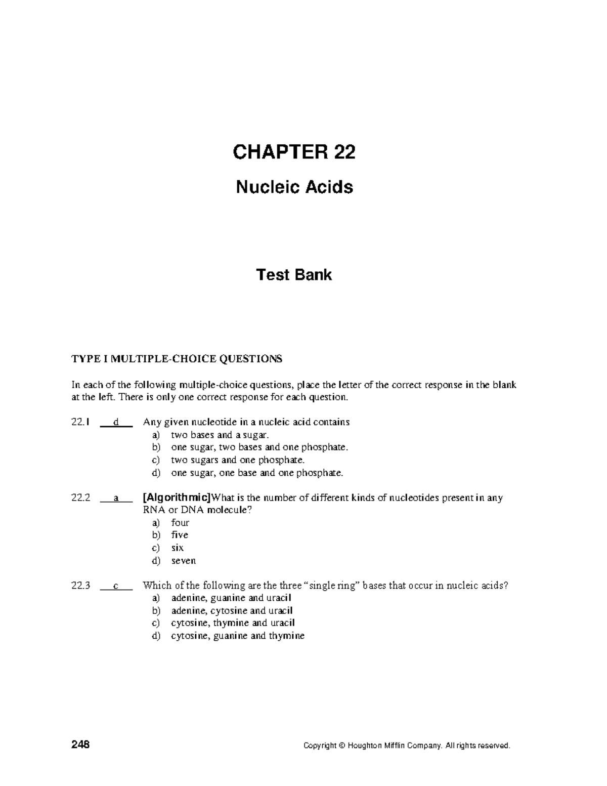 NUCLEIC ACID TEST BANK CHAPTER 22 Nucleic Acids Test Bank TYPE I