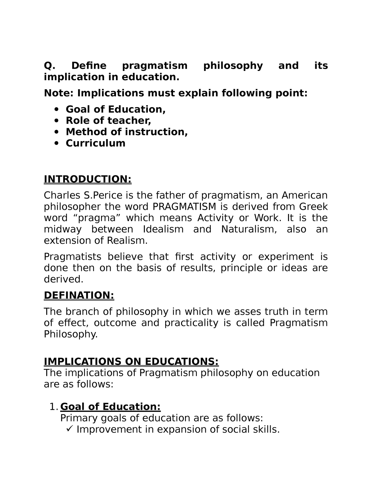 pragmatism philosophy of education essay