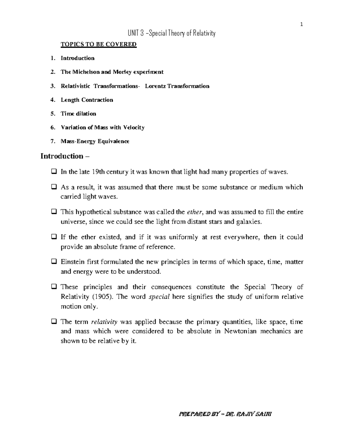 Special Theory of Relativity Notes - UNIT 3 – Special Theory of ...