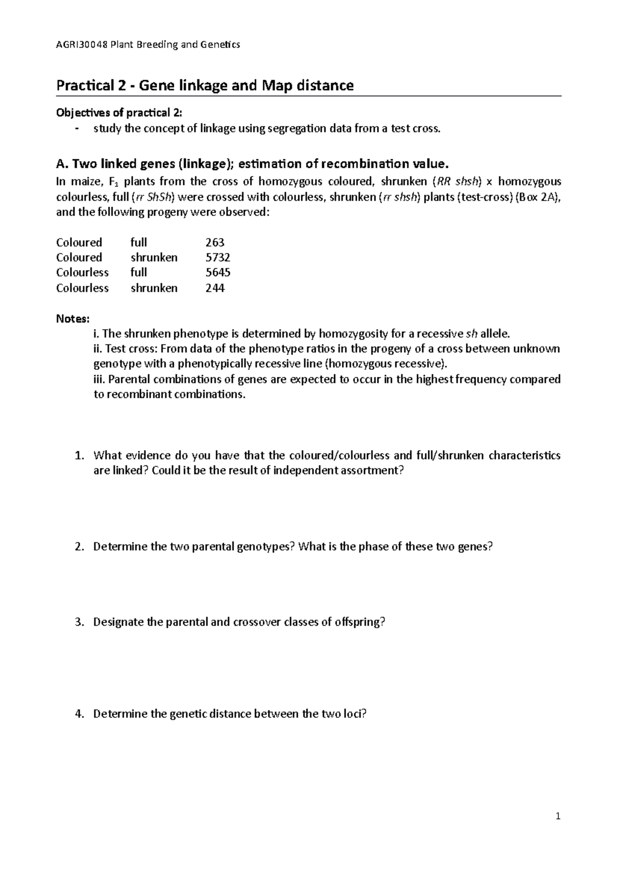 AGRI30048 Prac 2 2022 - Prac 2 - Practical 2 - Gene Linkage And Map ...