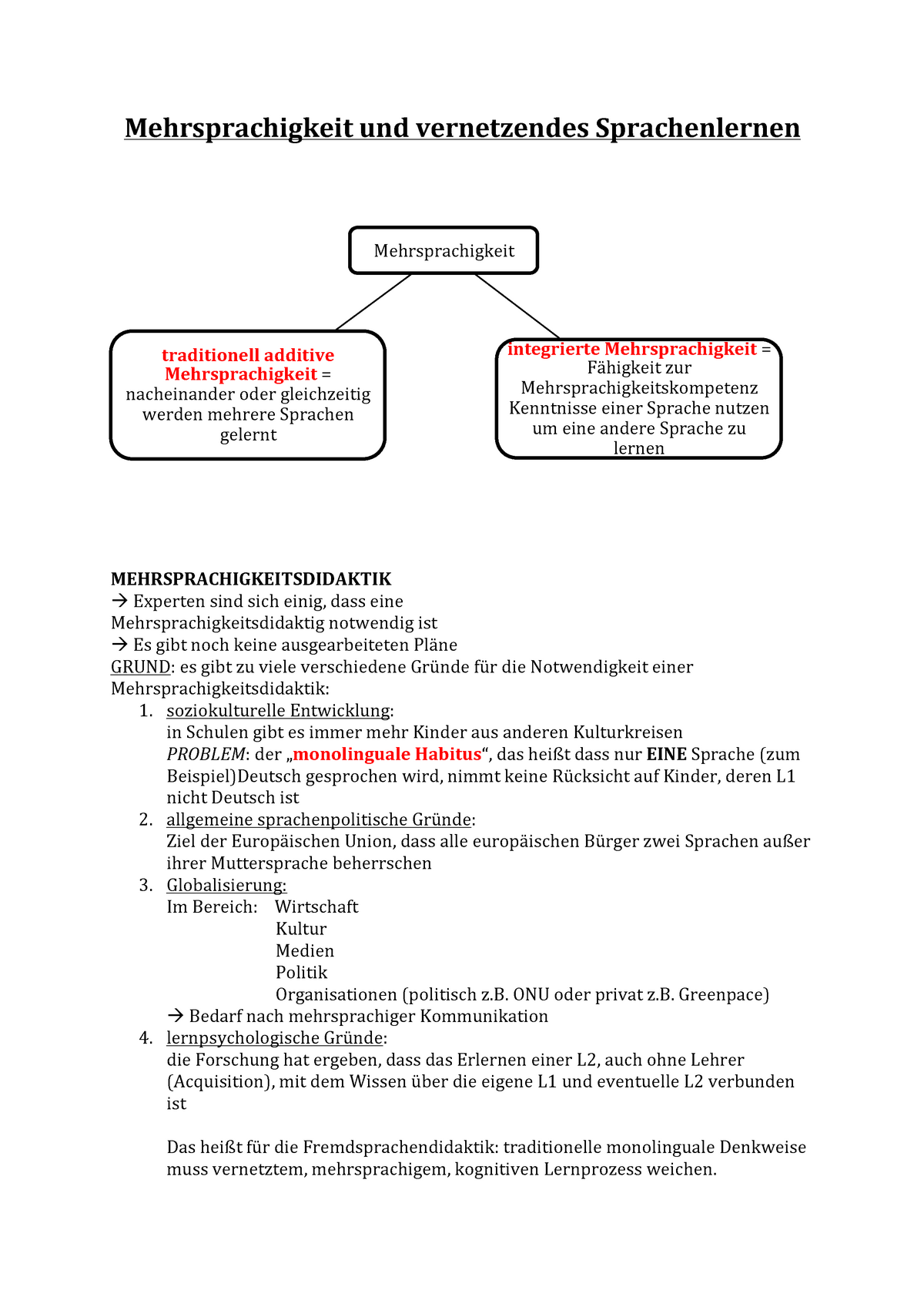 Mehrsprachigkeit Und Vernetzendes Sprachenlernen Handout ...