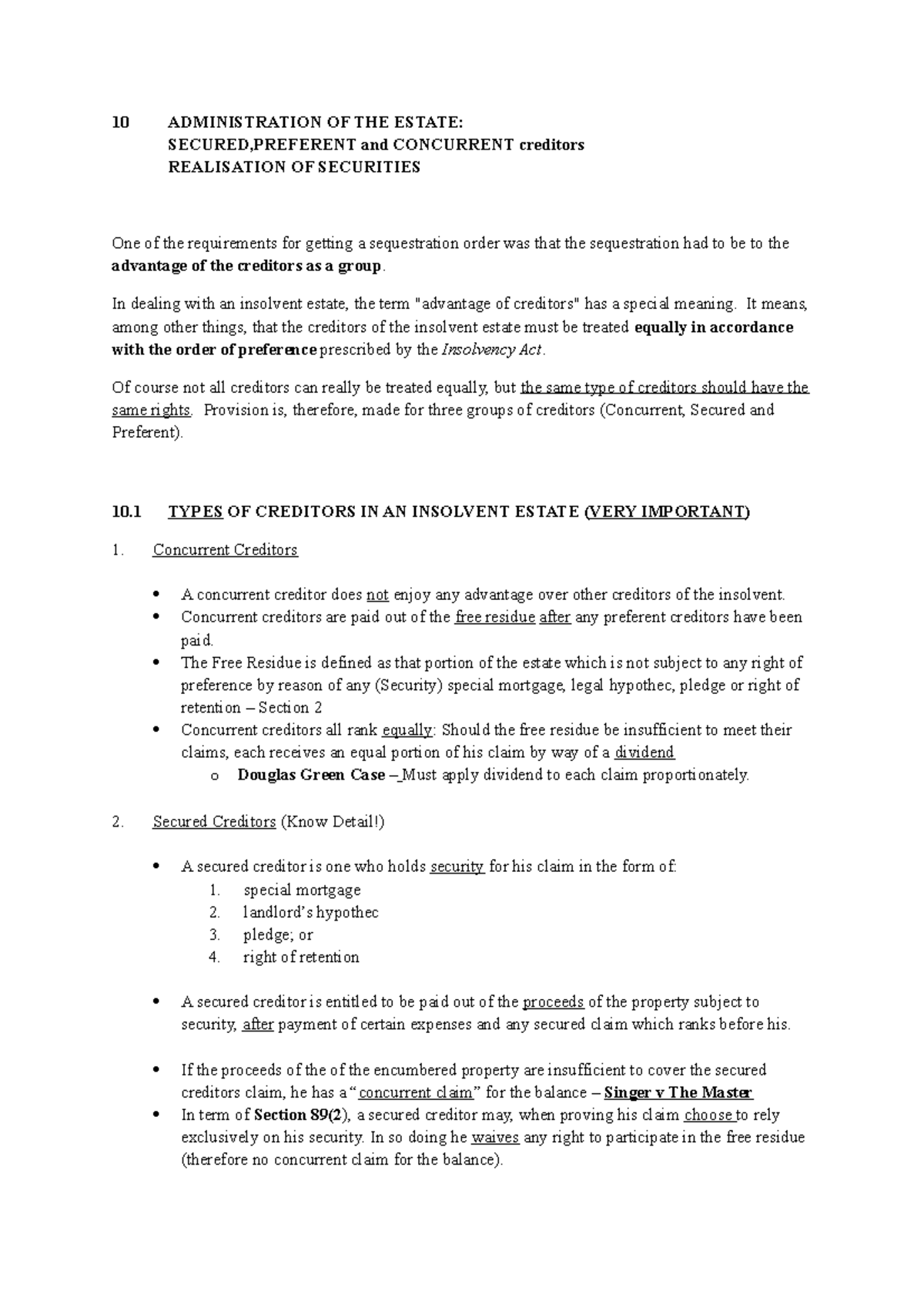 MJH Study Unit 10 - 10 ADMINISTRATION OF THE ESTATE: SECURED,PREFERENT ...