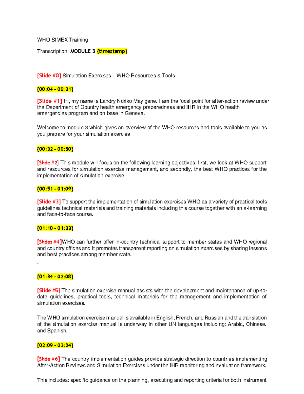 Transcription WHO Simex Module 3 EN - WHO SIMEX Training Transcription ...
