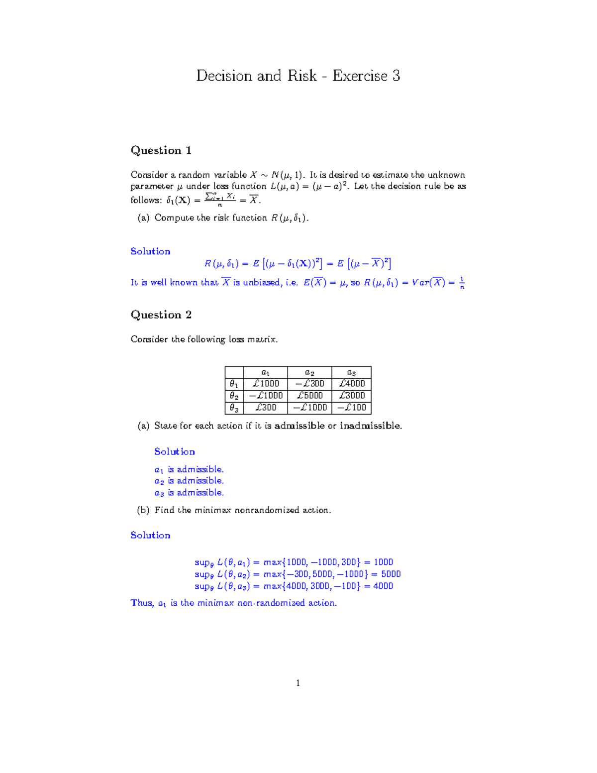 Exercise 3 solutions - Decision and Risk - Exercise 3 Question 1 ...