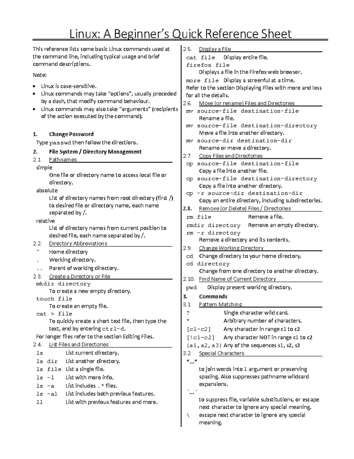 Linux Command Ref Sheet - Linux: A Beginner’s Quick Reference Sheet ...